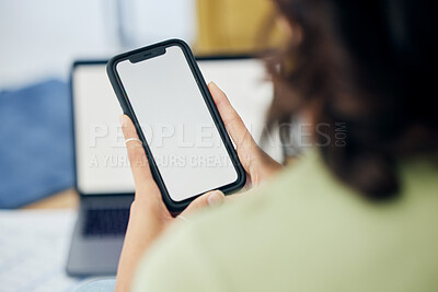 Buy stock photo Phone, mockup and hands of woman with space for advertising, brand or social media communication at home. Smartphone, screen and female person with online, app and news, information and sign up promo