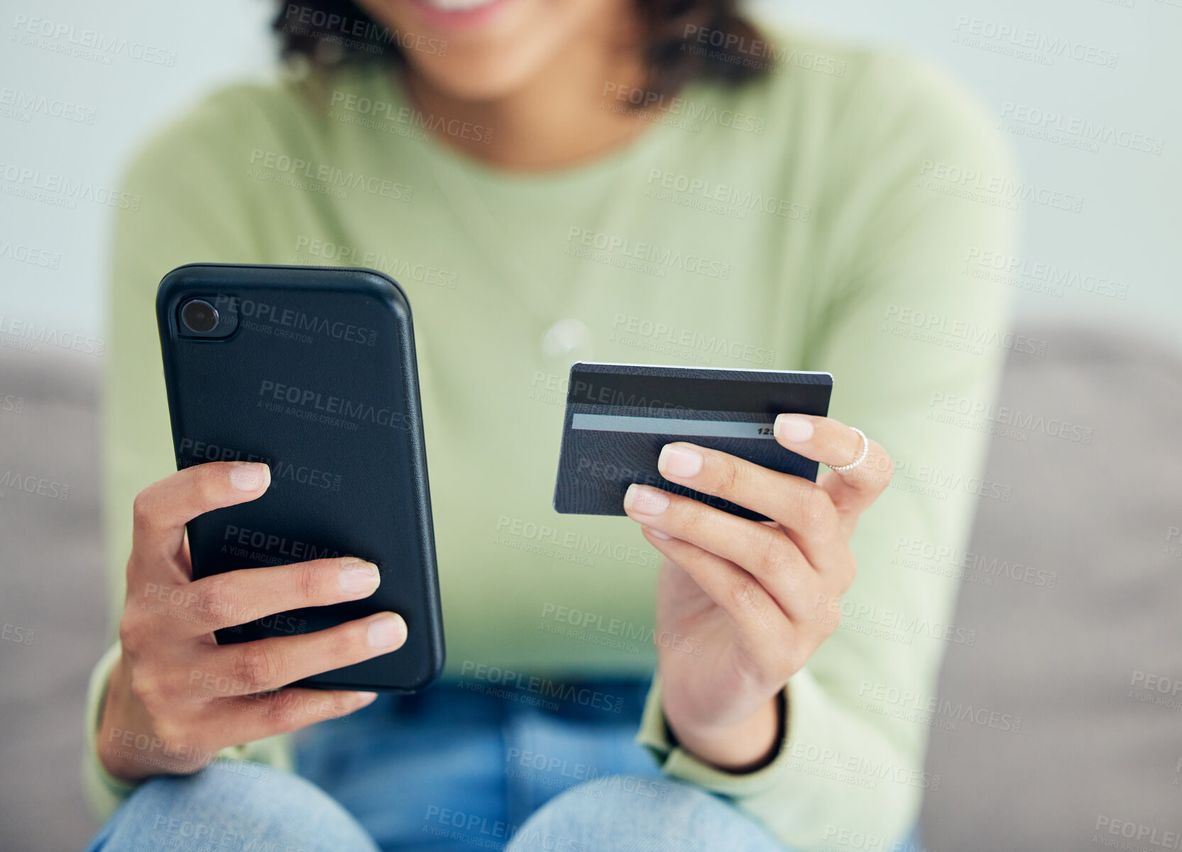 Buy stock photo Phone, credit card and woman on a sofa for cashback, savings or ecommerce sale at home. Smartphone, and female customer in a living room for sign up, survey or bank, payment or budget, loan or invest