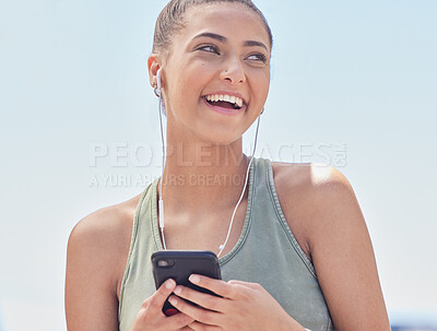 Buy stock photo Thinking, fitness and a woman with a phone and music for exercise, training and an outdoor workout. Smile, running and a girl or athlete with a podcast and a mobile for a cardio idea or audio