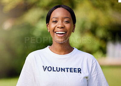 Buy stock photo Happy, park volunteer and portrait of a black woman for cleaning, community work and service. Smile, young and an African girl or charity worker in nature for waste management or social project