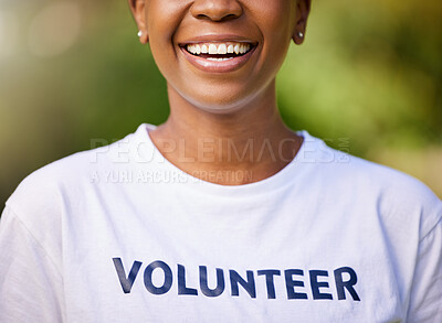 Buy stock photo Woman, smile and happy volunteering in park or nature for climate change, earth day or environment. Mouth of person in community service, green NGO or nonprofit tshirt for outdoor support and helping