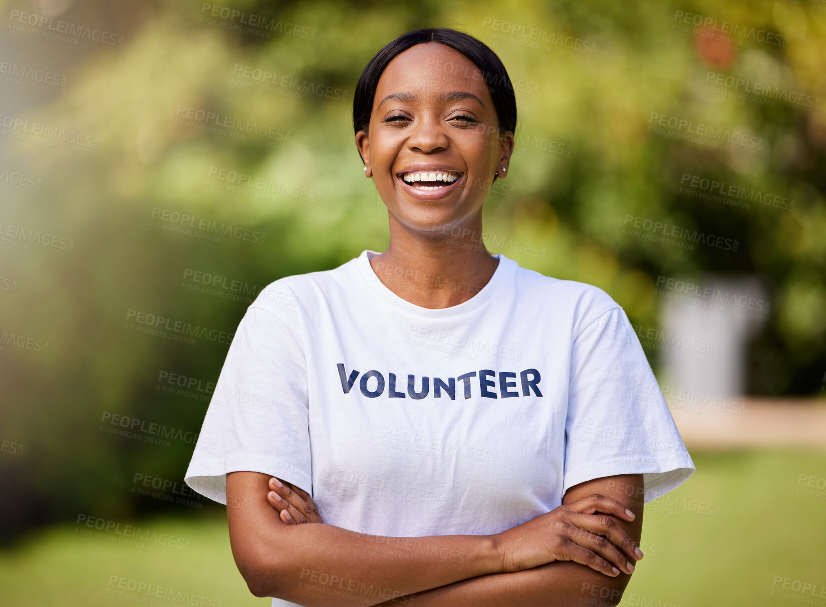 Buy stock photo African woman, portrait and volunteer outdoor in nature, environment or charity in park for climate change and sustainability. Volunteering, person and happy to help or support community with service