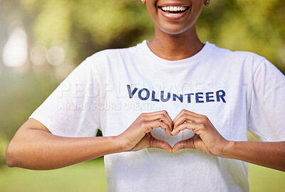 Buy stock photo Heart, hands and volunteer smile with sign for care, support and charity outdoor in nature, forest or environment. Show, love and happy person volunteering in community or service with empathy
