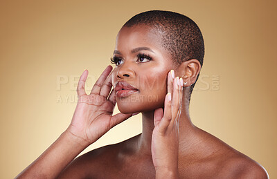 Buy stock photo Face, makeup and beauty of a black woman in studio for self care, skin glow and cosmetics. Headshot of african person or aesthetic model with facial shine and eyelash extension on a beige background