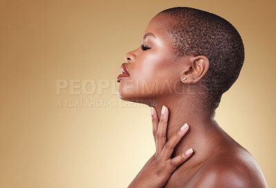Buy stock photo Face, beauty and makeup of a black woman in studio for self care, skin glow or cosmetics. Profile of African aesthetic model person with facial shine, dermatology and mockup space on beige background