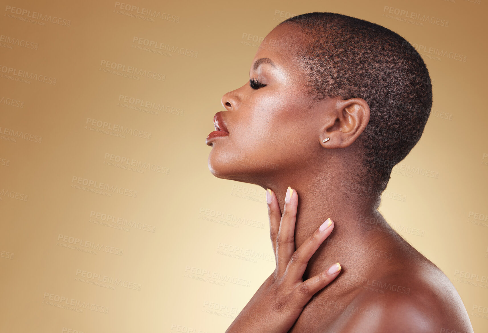 Buy stock photo Face, beauty and makeup of a black woman in studio for self care, skin glow or cosmetics. Profile of African aesthetic model person with facial shine, dermatology and mockup space on beige background