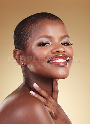 Buy stock photo Beauty, makeup and face portrait of a black woman in studio for self care, skin glow and cosmetics. Happy african person or aesthetic model with facial shine, dermatology on beige background