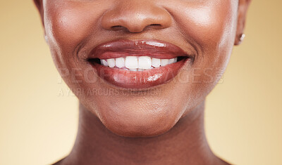Buy stock photo Woman, mouth and teeth, natural beauty and dental with cosmetics, skin and closeup isolated on yellow background. Smile, lipstick and makeup with dental health, shine and dermatology in a studio