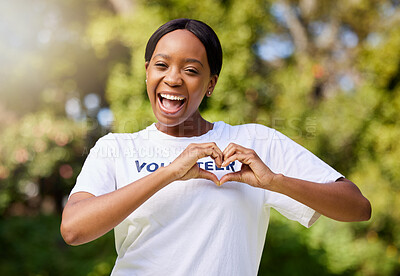 Buy stock photo Heart, hands and portrait of volunteer woman with sign for care, support and charity outdoor in nature, forest or environment. Show, love and happy person volunteering in community service in empathy