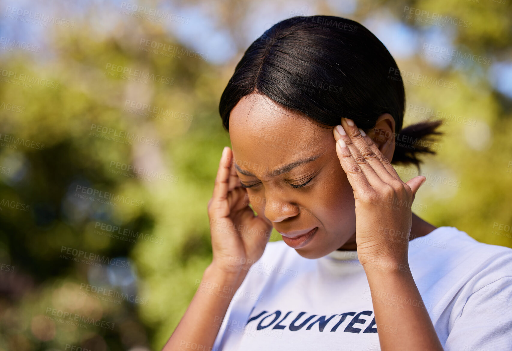 Buy stock photo Black woman, headache and stress in mistake, debt or burnout from volunteer work in outdoor nature. Frustrated African female person with migraine, sore bruise or injury in community service in park