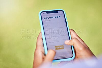 Buy stock photo Phone screen, volunteer and hands, register online for charity and NGO with help, donation and mobile app. Internet, digital application and person sign up, info and non profit organization with care