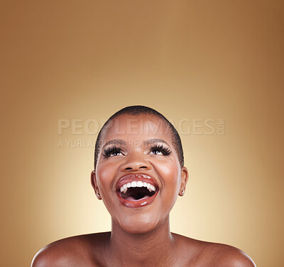 Buy stock photo Skincare, surprise face and a woman in studio for makeup, glow and wow cosmetics. Headshot of african person or model with facial shine, dermatology and wellness on a beige background or mockup space