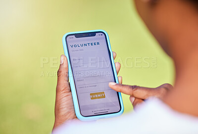 Buy stock photo Phone screen, volunteer digital application and hands, charity and NGO with help, donation and mobile app. Internet, paperless and person sign up, information and non profit organization with care
