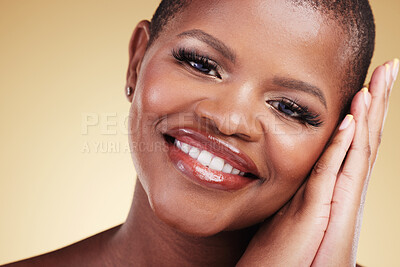 Buy stock photo Makeup, beauty and portrait of a happy woman in studio with hands on face for skin care glow. Closeup of african person or model with facial shine, dermatology and a smile on a beige background