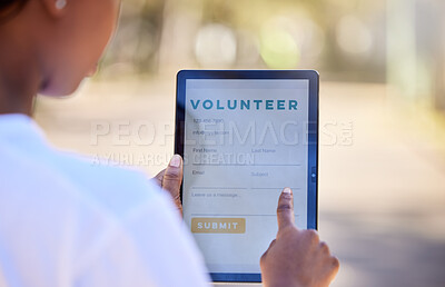 Buy stock photo Nature, woman and a tablet for volunteering registration, checklist or signup on a screen. Hands, environment and a volunteer with a digital app for participation in park cleaning and charity work
