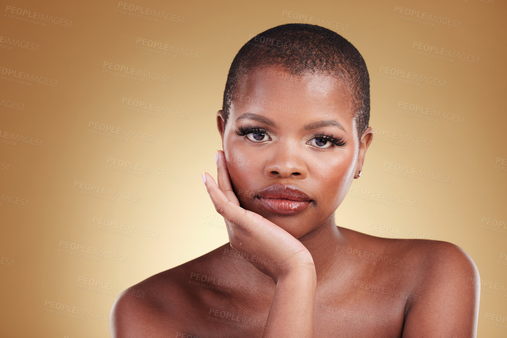 Buy stock photo Black woman, makeup and portrait of beauty and face in studio for skin care, glow and cosmetics. Headshot of african model person with facial shine, dermatology and mockup space on a beige background