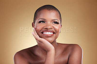 Buy stock photo Beauty, thinking and a black woman in studio for skin care, glow and cosmetics. Face of a happy african model person with facial makeup shine, dermatology and wellness idea on a beige background