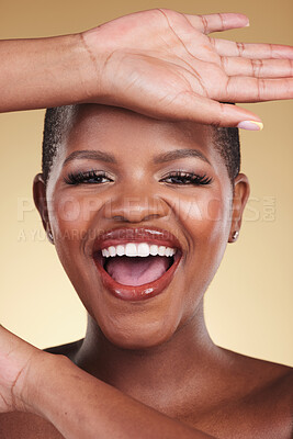 Buy stock photo Beauty, natural makeup and face an excited woman in studio for skin care, glow and cosmetics. Portrait of an African model person with facial shine, dermatology and wellness on a beige background