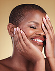 Black woman, hands on face and beauty with manicure, natural cosmetics isolated on studio background. African model, eyes closed and nail care with smile, makeup and dermatology with skincare glow