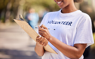 Buy stock photo Woman, checklist and volunteering in park for climate change, outdoor inspection or community service. Happy person writing on clipboard for earth day, NGO registration or nonprofit sign up in nature