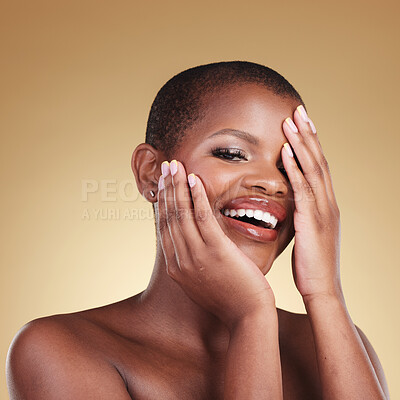 Buy stock photo Black woman, hands and face, happy and beauty with natural cosmetics and manicure isolated on studio background. African model, nail care and smile, makeup and dermatology with skincare and glow