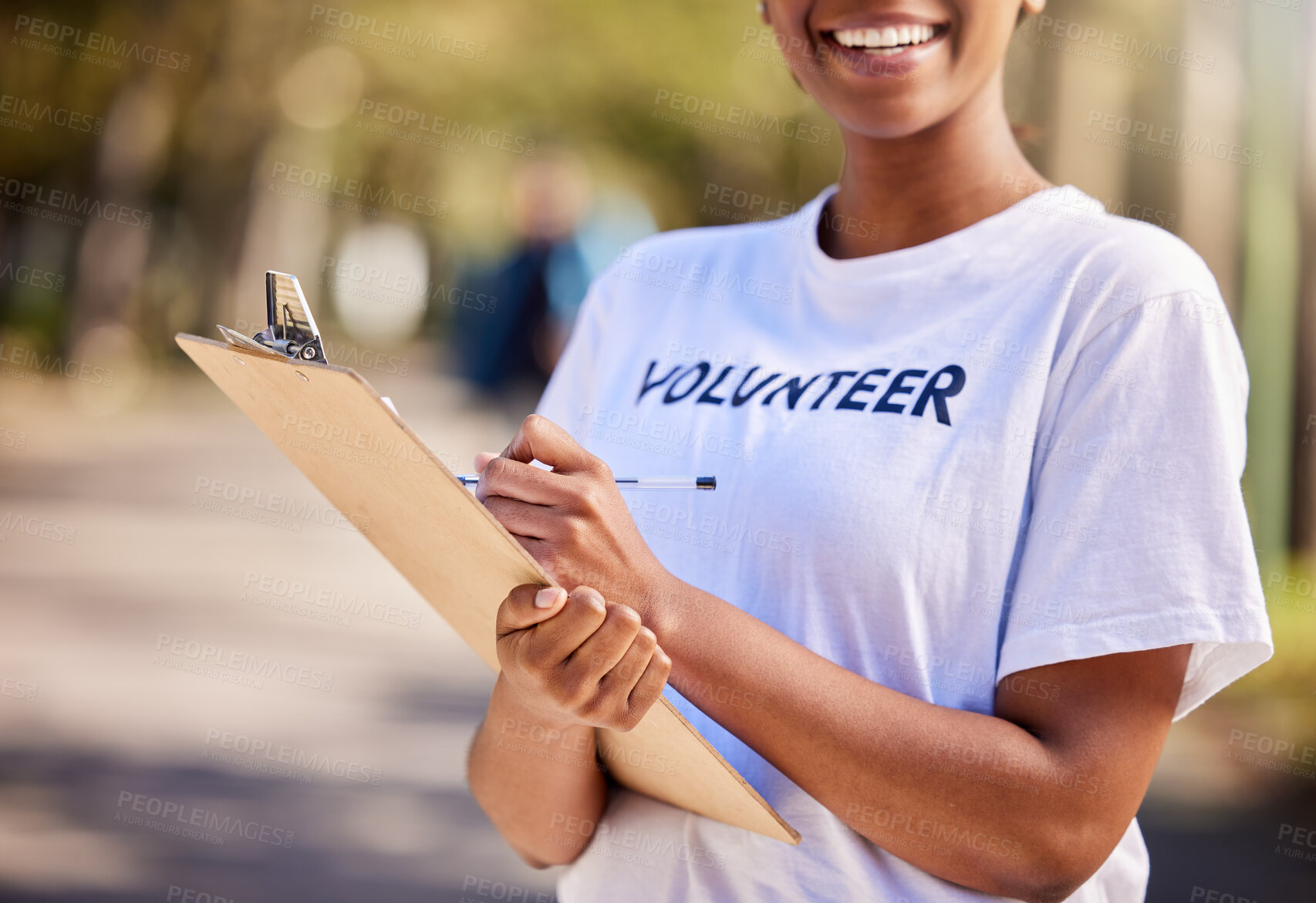 Buy stock photo Woman, hands and volunteering checklist in nature for climate change, inspection and community service. Happy person writing on clipboard for earth day, NGO registration or nonprofit sign up in park