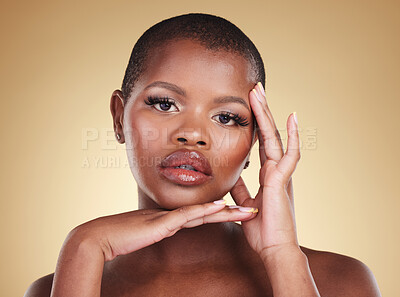 Buy stock photo Beauty, natural face and a black woman in studio for skin care, healthy glow and cosmetics. Headshot of African model person with facial shine, dermatology and wellness on a beige background