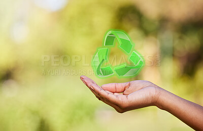 Buy stock photo Person, hand and recycle sign with hologram, carbon footprint and save the earth with sustainable waste management. Woman, holograph and eco friendly symbol for reduce, reuse and recycling process