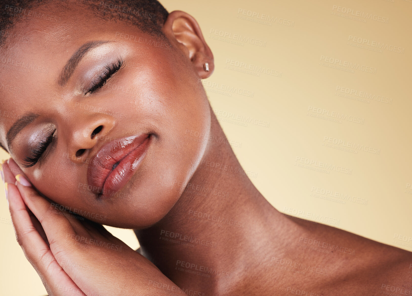 Buy stock photo Makeup, black woman and face with beauty in studio for skin care, glow and cosmetics. Headshot of african person or aesthetic model with facial shine, dermatology and wellness on a beige background
