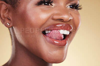 Buy stock photo Tongue out, makeup and black woman smile in studio for cosmetic wellness on brown background. Beauty, face and African female model with emoji flirt expression or glowing skin, result or satisfaction