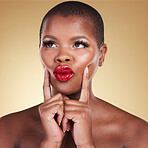 Beauty, makeup and a black woman with red lipstick in studio for skin care, glow and cosmetics. Headshot of african person or model with facial shine, dermatology and pouting lips on beige background