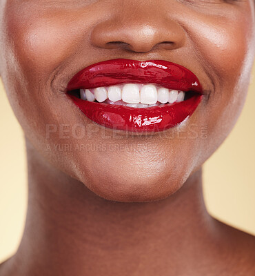 Buy stock photo Red lipstick, woman with beauty and mouth, teeth and makeup and smile closeup isolated on studio background. Bold cosmetic product, lips and dental health, elegance and glamour with color and glow