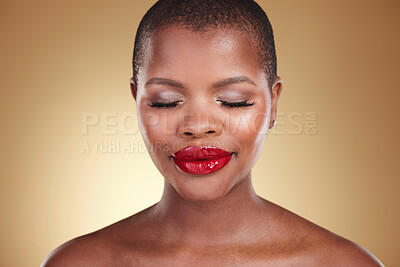 Buy stock photo Red lipstick, makeup and a black woman with beauty in studio or skin care, glow and cosmetics. Face of an African person or model with facial shine, dermatology and wellness on a beige background