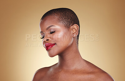 Buy stock photo Mockup, makeup and black woman with cosmetics, shine and dermatology on a brown studio background. Glow, person and model with skincare, wellness and spa promotion with aesthetic, luxury and beauty