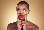 Makeup, red lipstick and a black woman with beauty in studio for skin care, glow and cosmetics. Face of African person or model thinking of facial shine, dermatology and color on a beige background