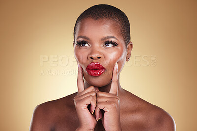 Buy stock photo Makeup, red lipstick and a black woman with beauty in studio for skin care, glow and cosmetics. Face of African person or model thinking of facial shine, dermatology and color on a beige background