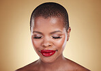 Face, beauty and a makeup of a black woman in studio for skin care, glow and cosmetics. Headshot of african person or aesthetic model for facial shine, dermatology or red lipstick on beige background