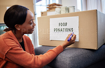 Buy stock photo Food, donation and charity with black woman and box for volunteer, helping and support. Grocery, community service and hope with person at home for ngo package, nonprofit and social responsibility