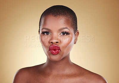 Buy stock photo Black woman, lips and kiss, red lipstick and beauty with makeup and portrait isolated on studio background. Pout, cosmetics product on mouth and bold color with headshot, shine and cosmetology