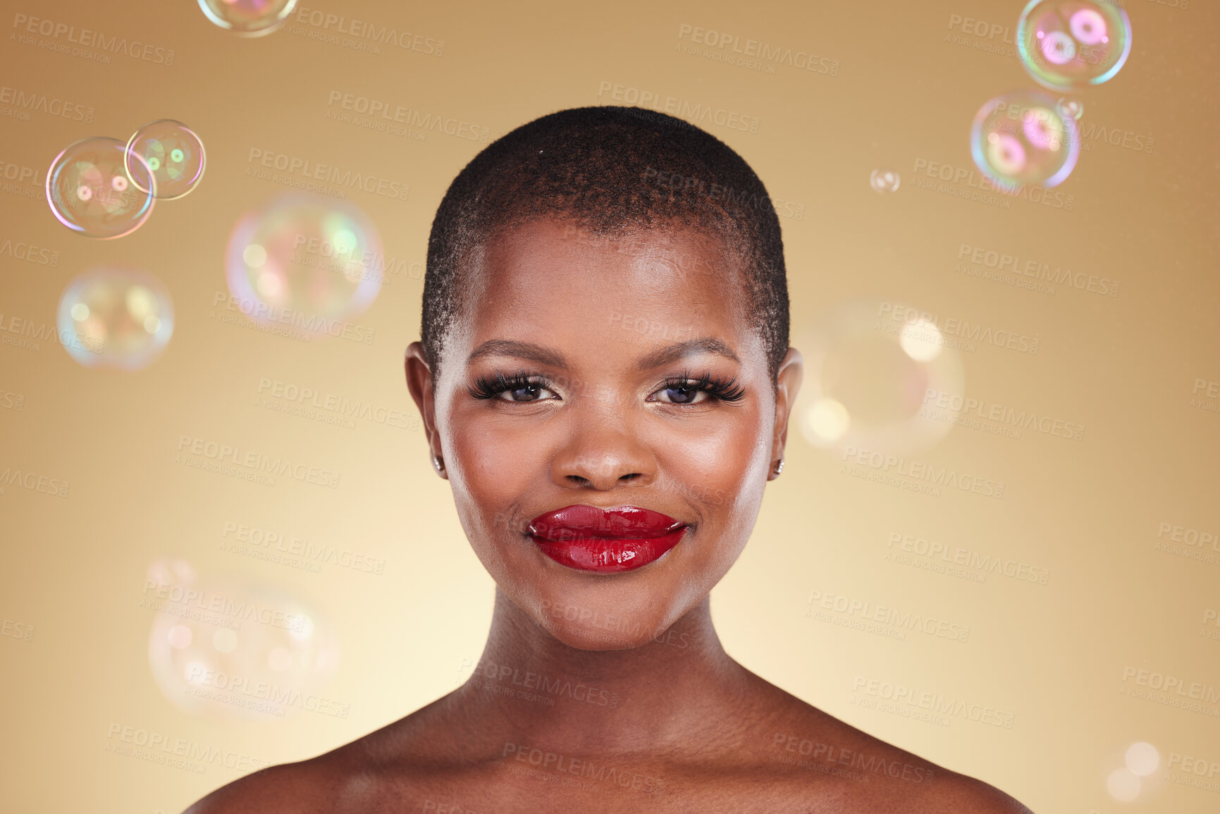 Buy stock photo Beauty, makeup and bubbles with portrait of black woman in studio for cosmetics, spa treatment and luxury. Skincare, dermatology and self care with model on gold background for glow, facial and soap