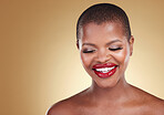 Mockup, makeup and black woman with cosmetics, smile and dermatology on a brown studio background. Happy, person and model with skincare, beauty and spa promotion with aesthetic, luxury and shine
