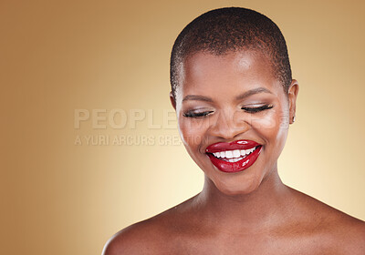 Buy stock photo Mockup space, makeup and black woman with cosmetics, smile and dermatology on a brown studio background. Happy, person or model with skincare, beauty and red lipstick with aesthetic, luxury and shine