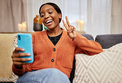 Buy stock photo Selfie, black woman and peace sign at home with a smile for social media, motivation and perfect. Photo, happy and African female person in a living room with a v and emoji hand gesture at house