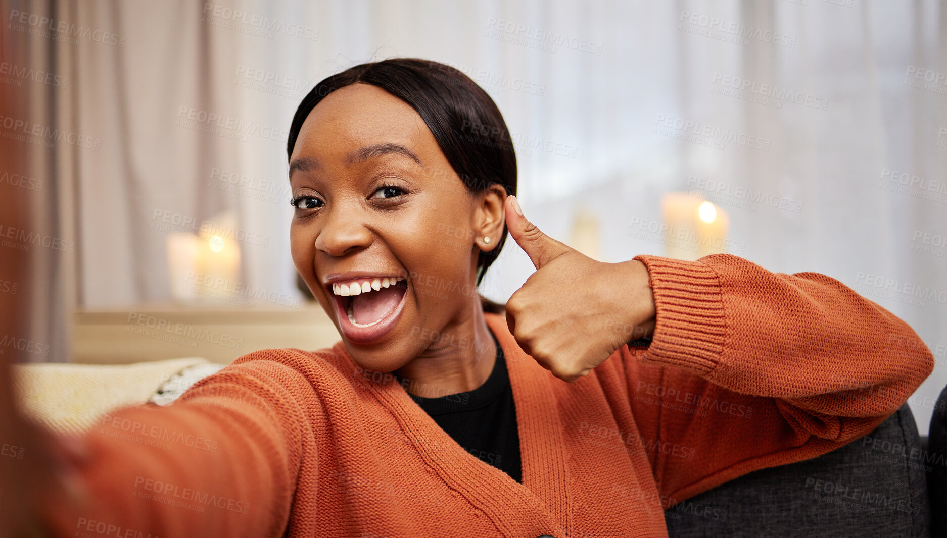 Buy stock photo Selfie, black woman and thumbs up at home with a smile for success, motivation and excited. Portrait, happy and African female person in a living room with a like, yes and emoji hand sign at house