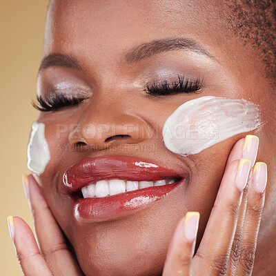 Buy stock photo Skincare, face cream and happy black woman in studio for cosmetic application, wellness and hydration. Facial, cleaning and African beauty model with exfoliate, moisturizer or mask for makeup removal