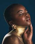 Beauty, gold and makeup with face of black woman for creative, luxury and cosmetics. Glow, glamour art and design with profile of model on dark background for elegant, skincare and salon treatment
