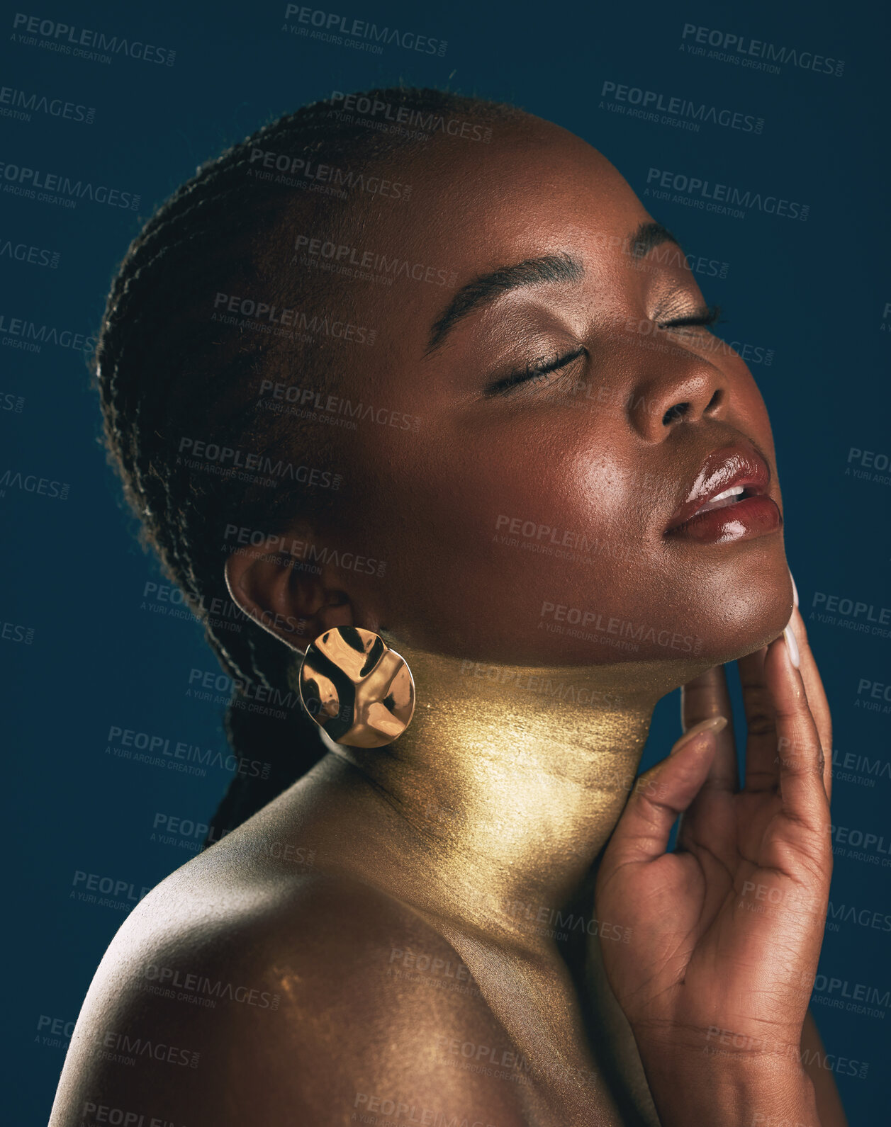 Buy stock photo Beauty, gold and makeup with face of black woman for creative, luxury and cosmetics. Glow, glamour art and design with profile of model on dark background for elegant, skincare and salon treatment