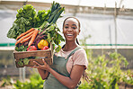 Woman, vegetables box and agriculture, sustainability or farming for supply chain or agro business. African farmer in portrait with harvest and gardening for NGO, nonprofit food or groceries basket