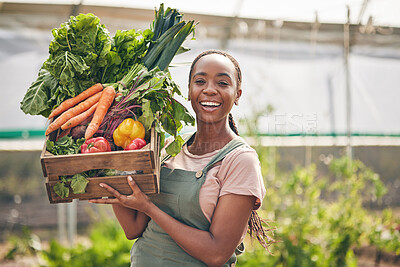 Buy stock photo Woman, vegetables box and agriculture, sustainability or farming for supply chain or agro business. African farmer in portrait with harvest and gardening for NGO, nonprofit food or groceries basket