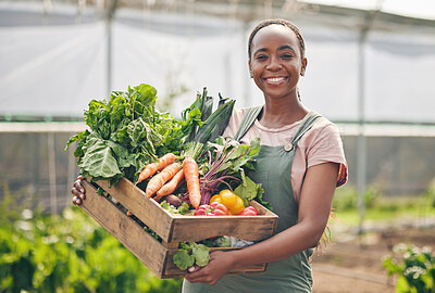 Buy stock photo Woman, farmer and vegetables in greenhouse for agriculture, agro business and growth or product in box. Portrait of African worker with harvest, gardening and food, carrot or lettuce in basket